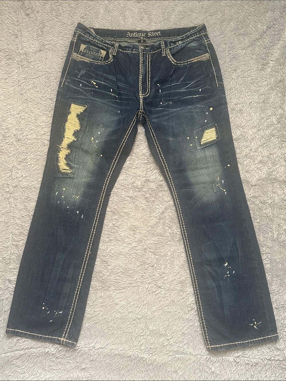 Antique Rivet Men's Dark Blue Distressed Slim Straight Jeans